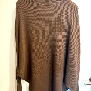 Brown Ribbed Knit Turtle-Necked Poncho